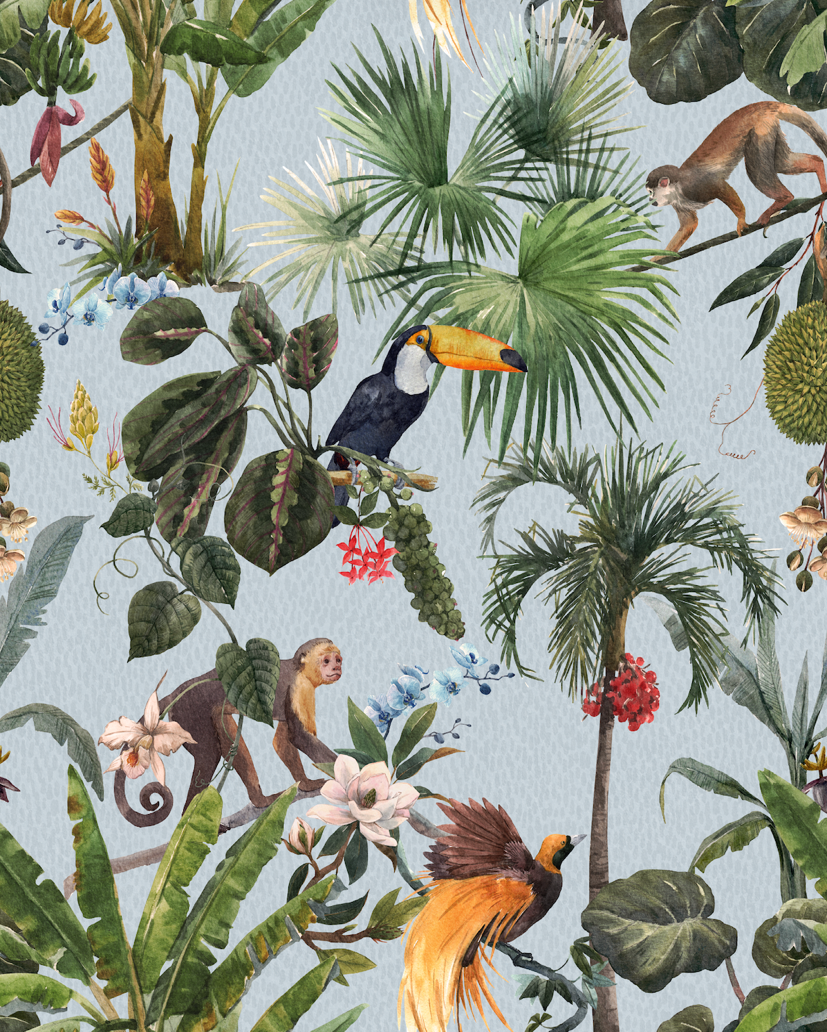 Blue playful animal wallpaper pattern featuring an artistic mix of creatures arranged in a lively, illustrative composition, creating a bold, expressive design for statement interiors. 