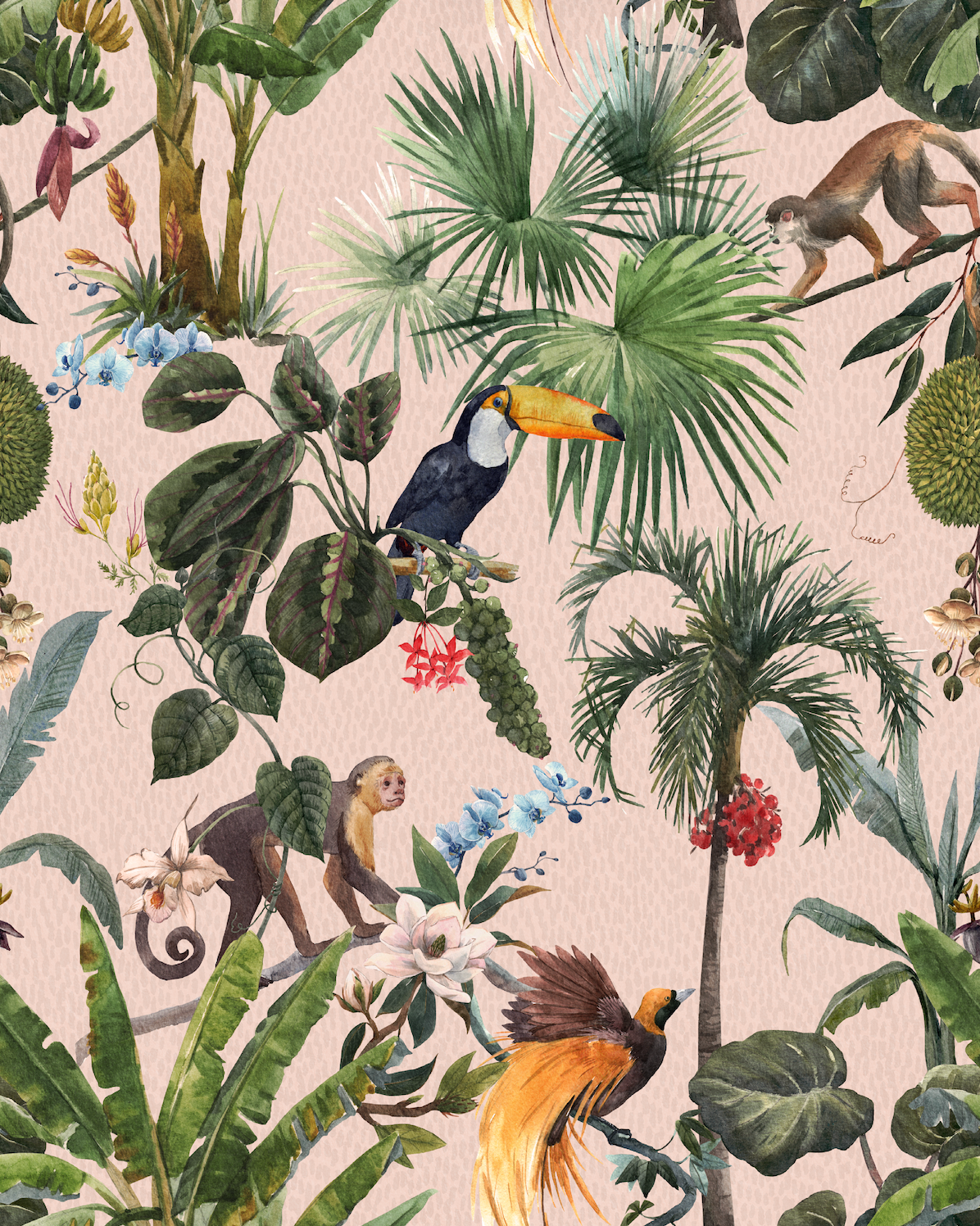 Pale pink playful animal wallpaper pattern featuring an artistic mix of creatures arranged in a lively, illustrative composition, creating a bold, expressive design for statement interiors. 