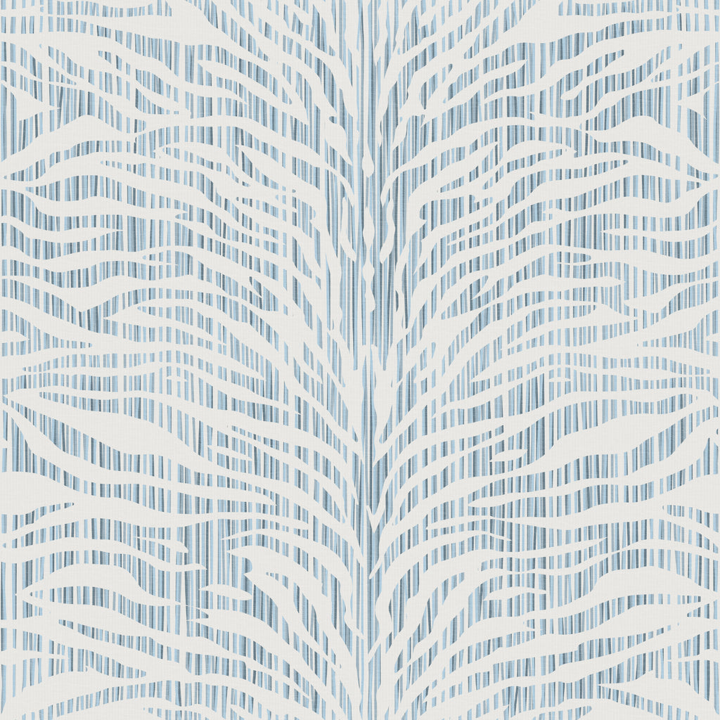 Blue abstract zebra stripe wallpaper pattern with flowing, hand-drawn lines that create movement and a bold, modern graphic look, ideal for statement walls and pattern-rich interiors.