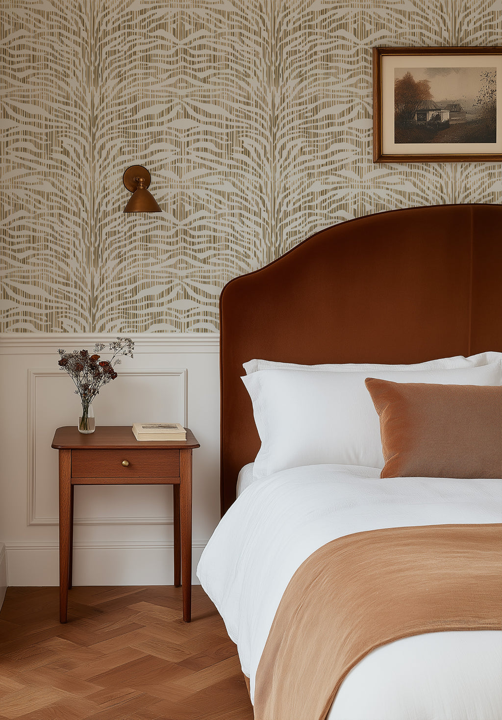 Brown neutral colored abstract zebra stripe wallpaper pattern with flowing, hand-drawn lines that create movement and a bold, modern graphic look, ideal for statement walls and pattern-rich interiors. Bedroom