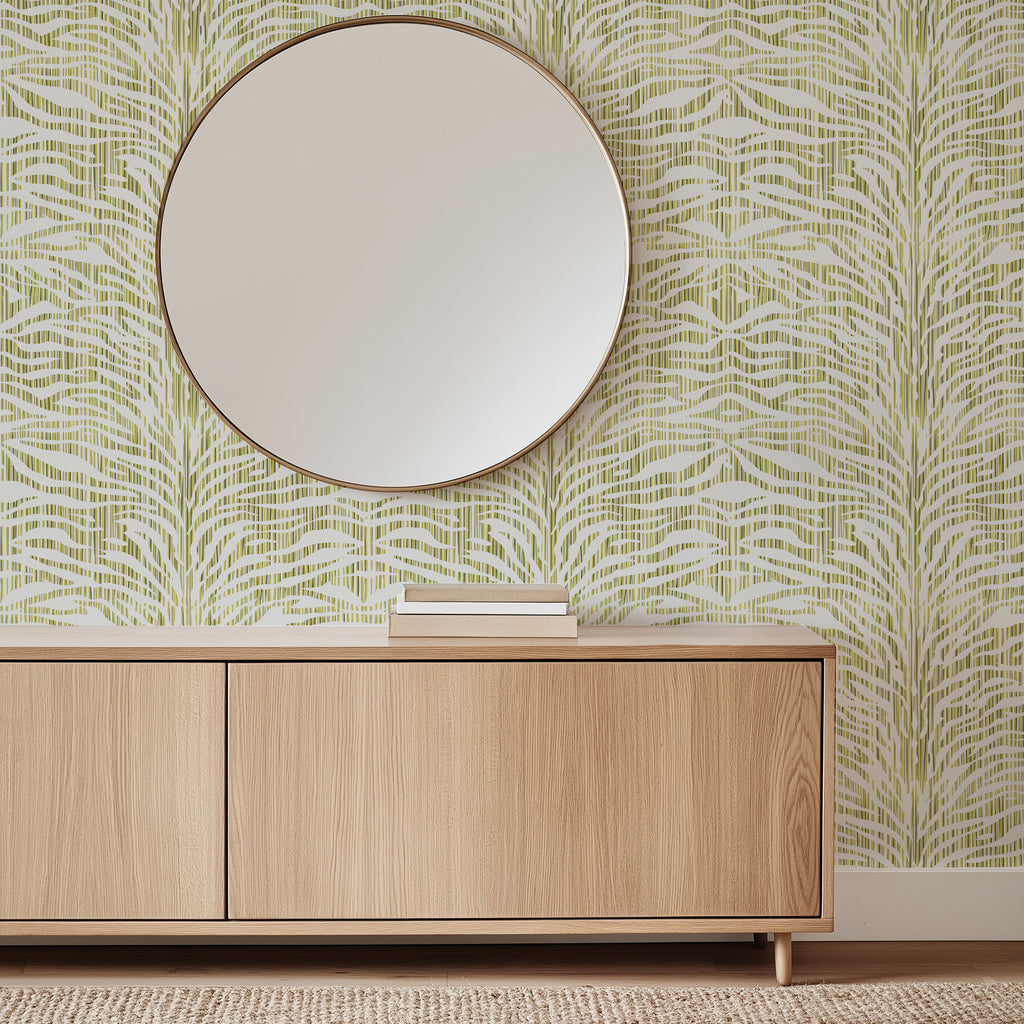 Green abstract zebra stripe wallpaper pattern with flowing, hand-drawn lines that create movement and a bold, modern graphic look, ideal for statement walls and pattern-rich interiors. Foyer console table