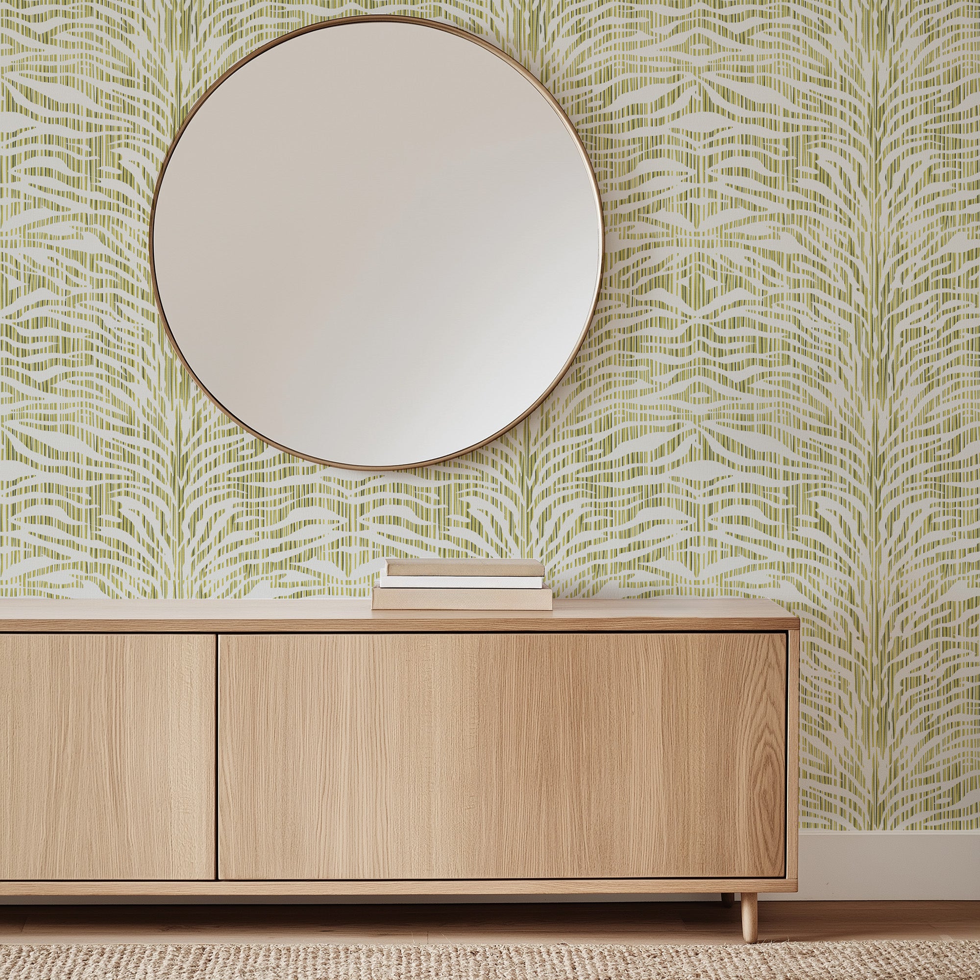 Green abstract zebra stripe wallpaper pattern with flowing, hand-drawn lines that create movement and a bold, modern graphic look, ideal for statement walls and pattern-rich interiors. Foyer console table